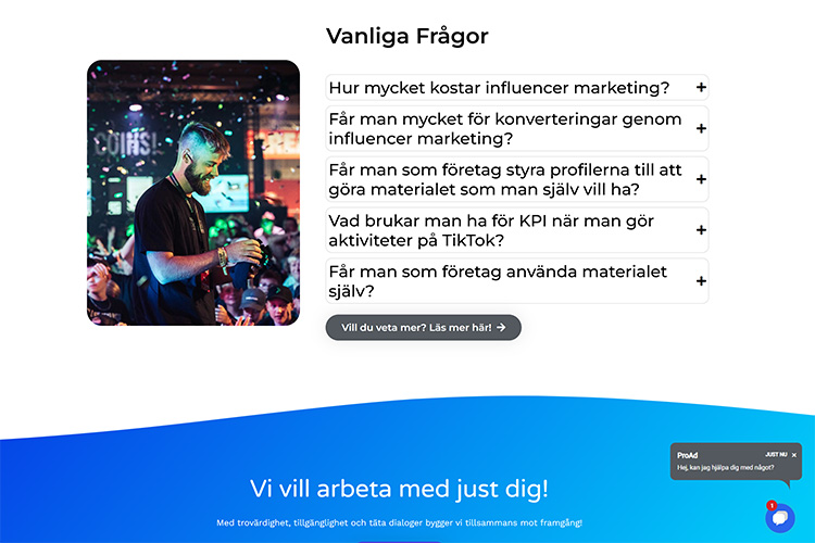 ProAds tjänstesida som pratar om influencer marketing. för hemsidan till ProAd