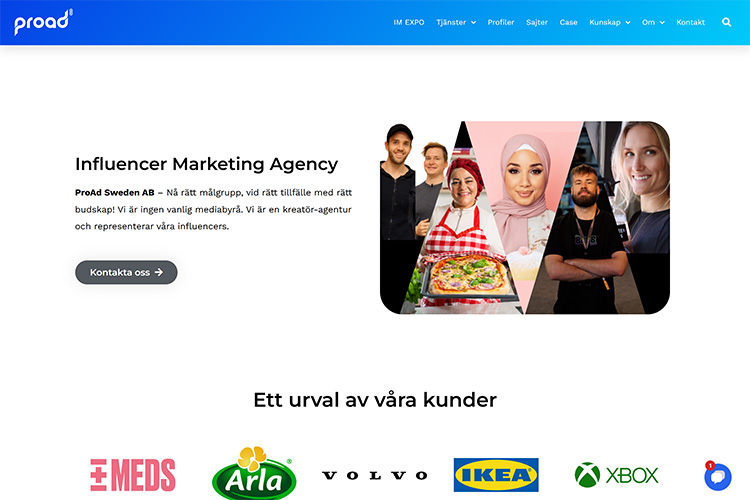 ProAds tjänstesida som pratar om influencer marketing. för hemsidan till ProAd