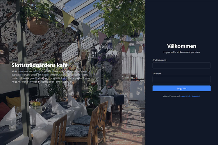Starsidan för hemsidan till Slottsträdgårdens Kafé interna portal.
